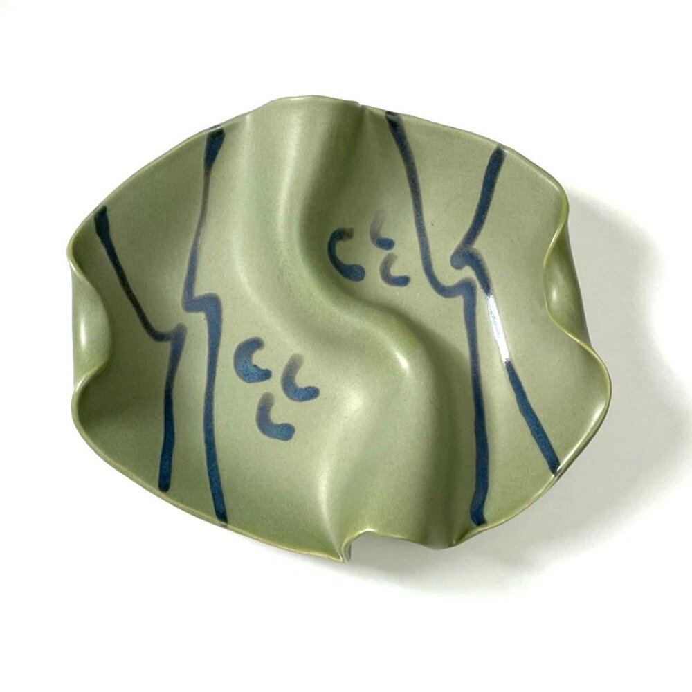 Hilborn Pottery Divided Dish Bowl Matte Green w/ Blue Swirl Canada Organic Shape